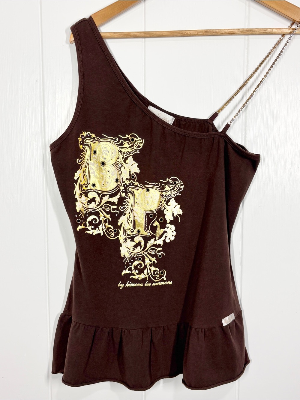 Y2K Baby Phat Women’s Asymmetric Ruffle Tank Top Gold Graphics Size Large